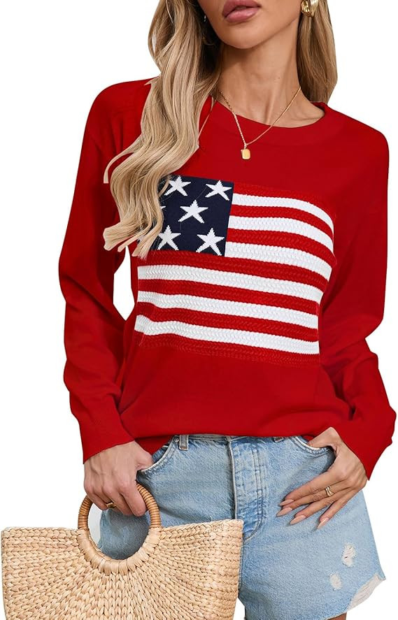 Alsol Lamesa Womens American Flag Sweater Soft Lightweight Long Sleeve Crew Neck Pullover Sweater... | Amazon (US)