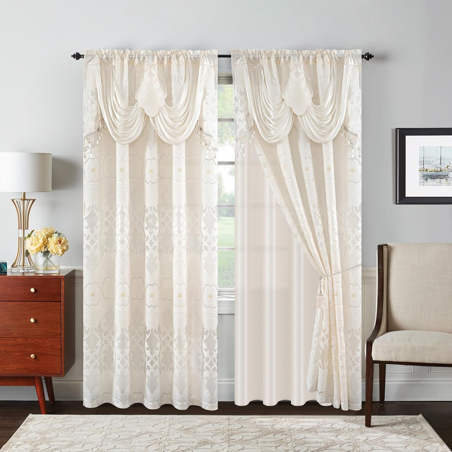 Petrichor Ivory Sheer Jacquard Voile Curtains （54" W x 84" L）, 2 Panels with Attached Valance, Double Layer Floral Cutwork with Luxurious Texture, Rod Pocket, for Bedroom & Living Room | Amazon (US)