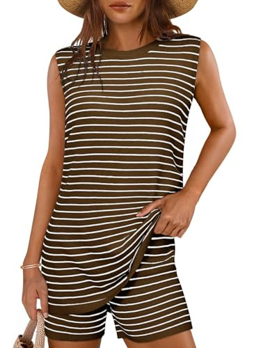 Glamaker Women's 2 Piece Short Sets Summer Outfits Striped Casual Sleeveless Knit Sweater Maternity Sets (Striped Coffee XL) | Amazon (US)