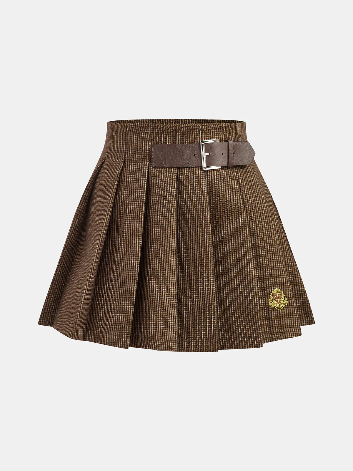 Belt-Decor Houndstooth Pleated Mini Skirt | Commense