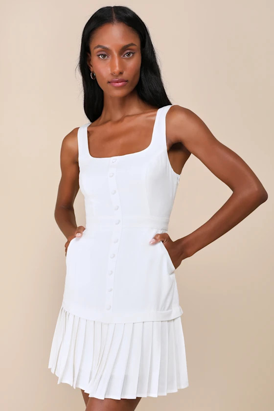 Poised and Chic White Linen Pleated Mini Dress with Pockets | Lulus