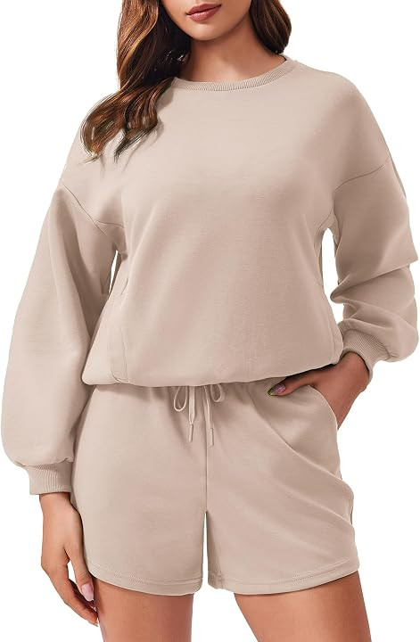 PINSPARK Two Piece Sets for Women 2024 Fall Outfits Sweatsuit 4 Pockets Sweat Short Sets Casual Matching Set Travel... | Amazon (US)