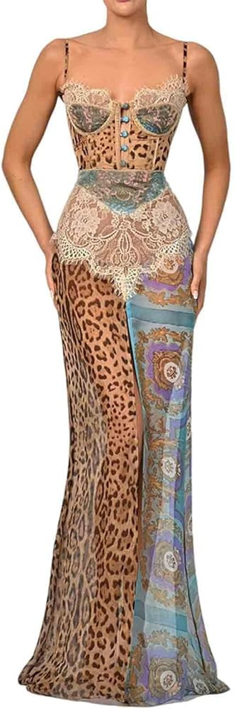 Women's Sexy Slim fit Chiffon Dress with Leopard Print Patchwork lace Slit Suspender Skirt and Fl... | Amazon (US)
