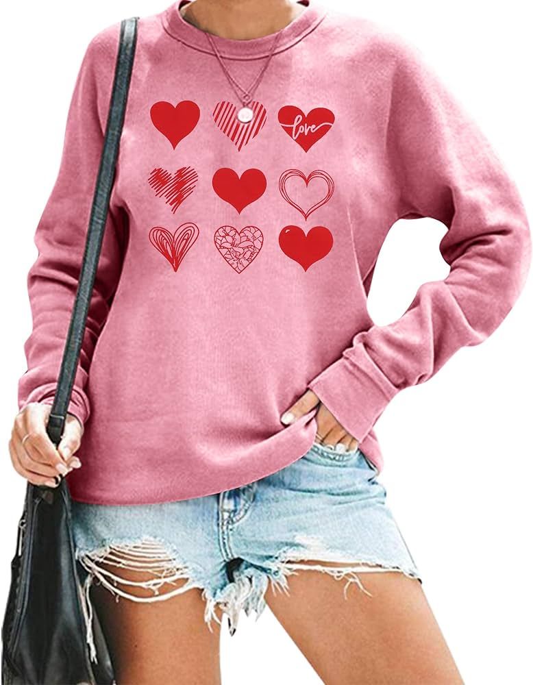 FASHGL Valentine's Day Sweatshirt for Women Romantic Love Graphic Print Shirt Casual Heart Long Slee | Amazon (US)