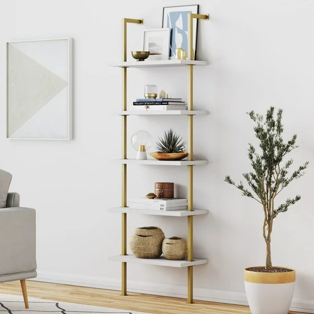 Nathan James Theo Industrial 5-Shelf Gold Ladder Bookcase with White Open Shelves and Brass Metal... | Walmart (US)