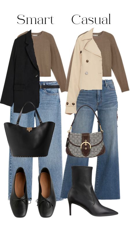 Spring outfit, brown sweater, cropped trench coat, jeans, flare jeans,black tote bag, black blazer, black flats

#LTKfindsunder100 #LTKstyletip #LTKworkwear