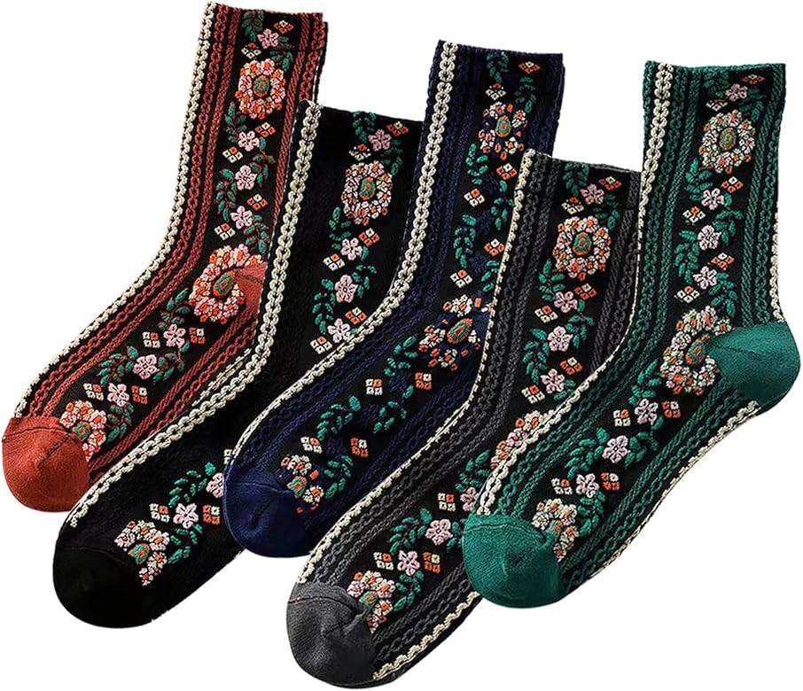 DXYAKY 5 Pairs Womens Black Floral Patterned Novelty Crew Socks Vintage Casual Cotton Socks Warm ... | Amazon (US)