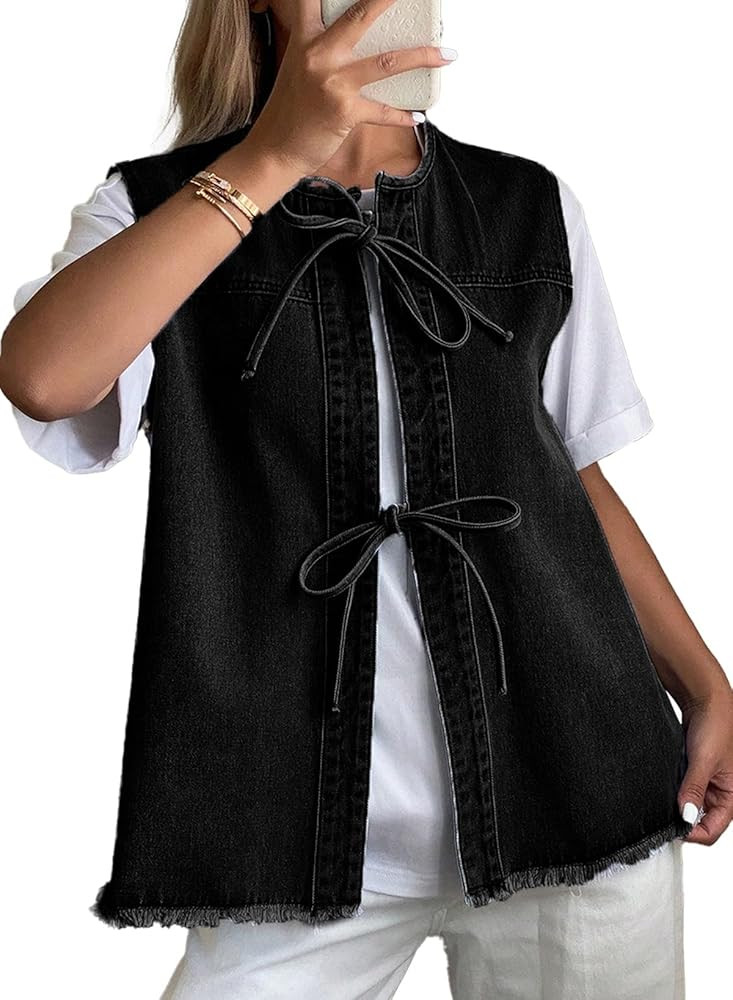 Astylish Womens Distressed Denim Vest Cute Bow Tie Henley Chambray Jeans Casual Sleeveless Trendy... | Amazon (US)