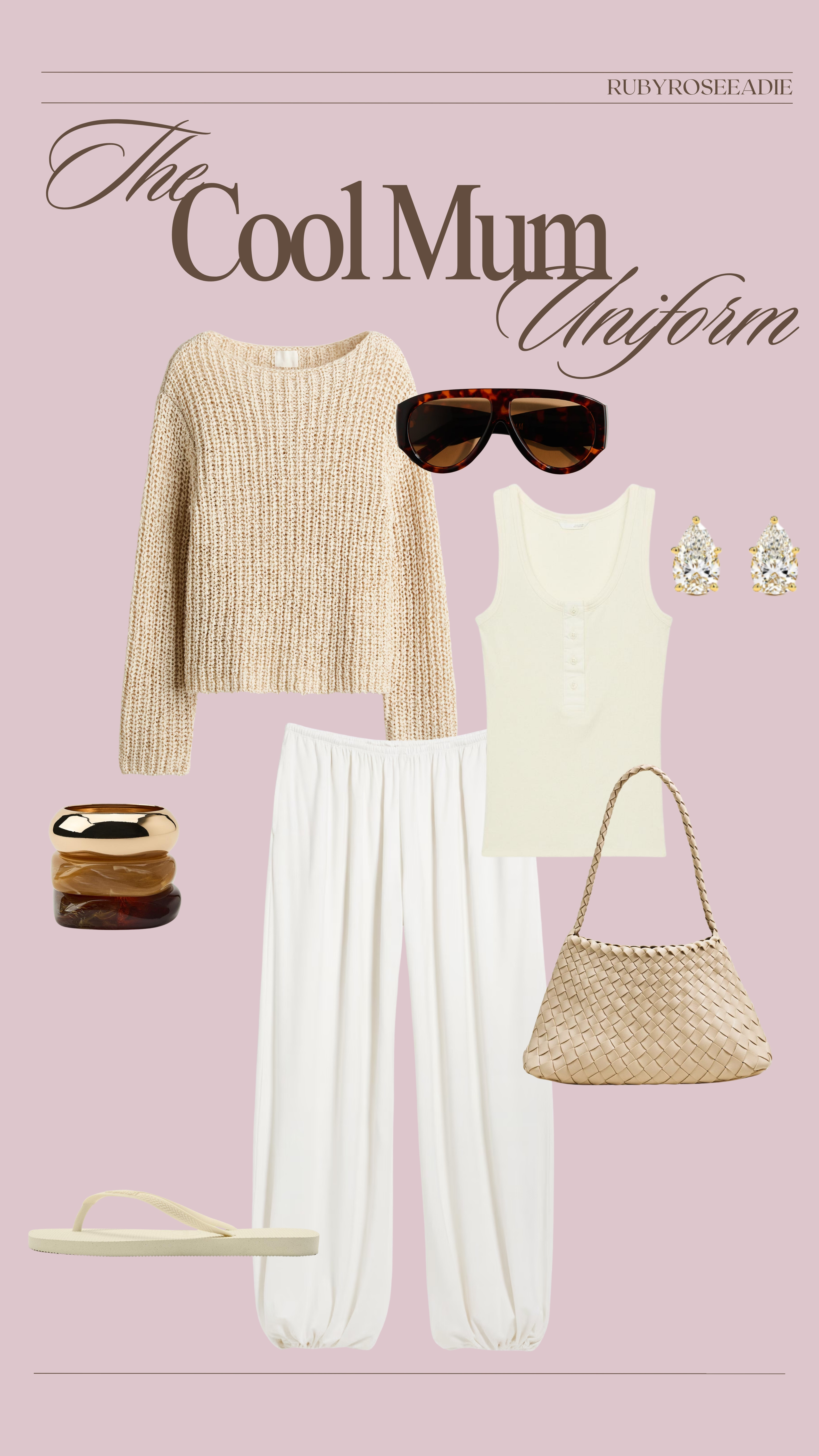 The Cool Mum Uniform: Summer Neutrals 🤎

vest top, tank top, havaianas, flip flops, balloon trousers, soft trousers, white trousers, knit top, crochet, woven bag, aviator sunglasses, summer outfit, holiday outfit 

 #LTKuk #LTKspring #LTKsummer