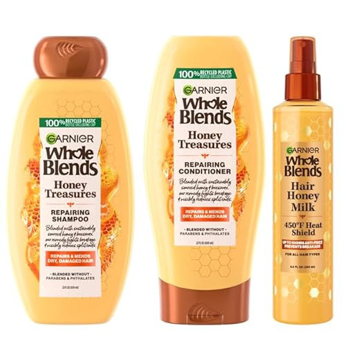 Garnier Whole Blends Honey Treasures Repairing Shampoo (22 Fl Oz), Conditioner (22 Fl Oz) + Hair Honey Milk 450F Heat Protectant Spray (2 Count) (8.5 Fl Oz) (4 Items), Bundle (Packaging May Vary) | Amazon (US)
