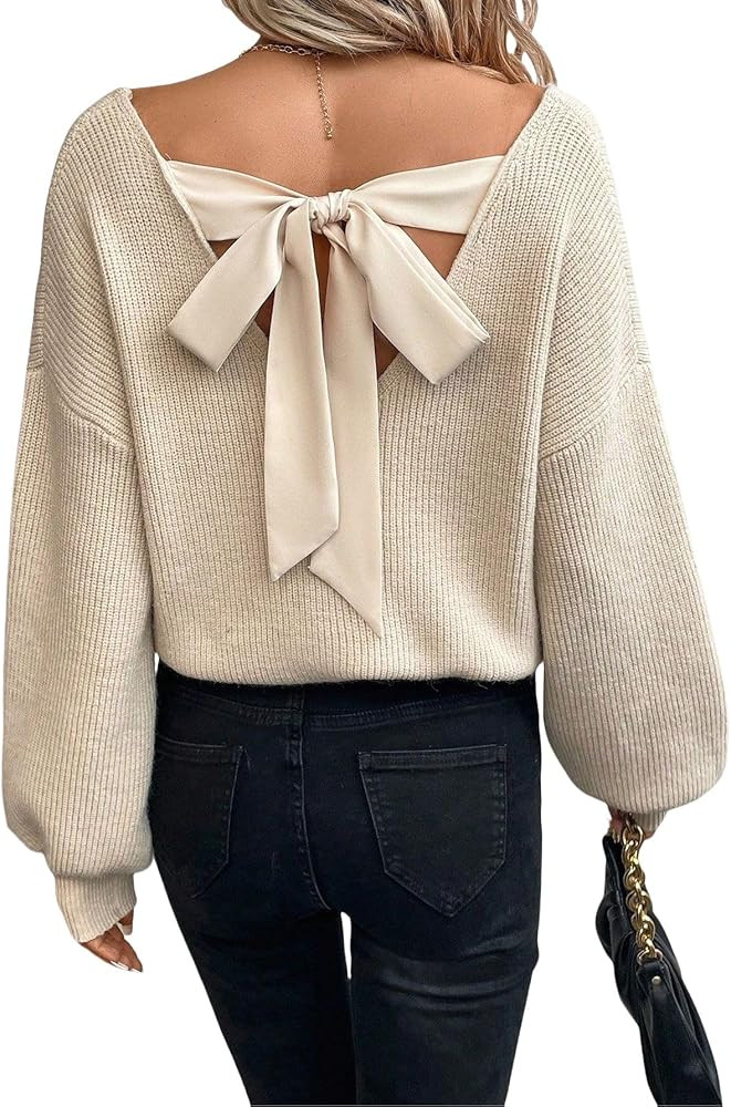 V Neck Sweaters Woman,Off The Shoulder Sweater Top,Fitted Long Sleeve Shirt Women,Tie Back Sweate... | Amazon (US)