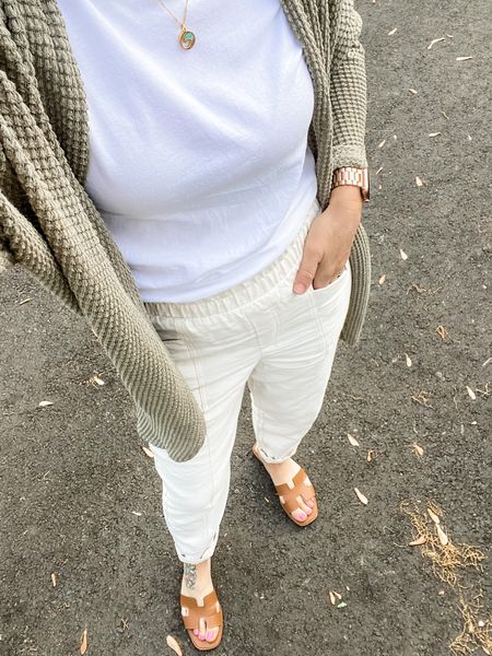 Neutral teacher outfit. White pants. Sandals. White top. Waffle knit cardigan. Amazon and target style  

#LTKstyletip #LTKSeasonal #LTKFind