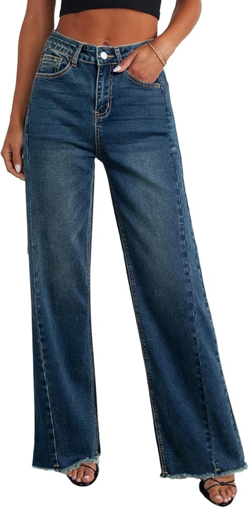 Sidefeel Women's Wide Leg Jeans High Waisted Strechy Raw Hem Zimbaplatinum Denim Pants | Amazon (US)