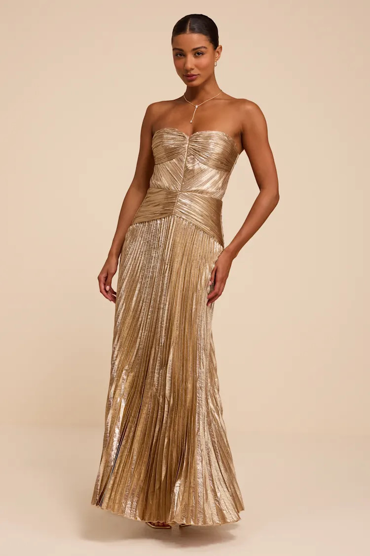 Charlene Champagne Pleated Strapless Maxi Dress | Lulus