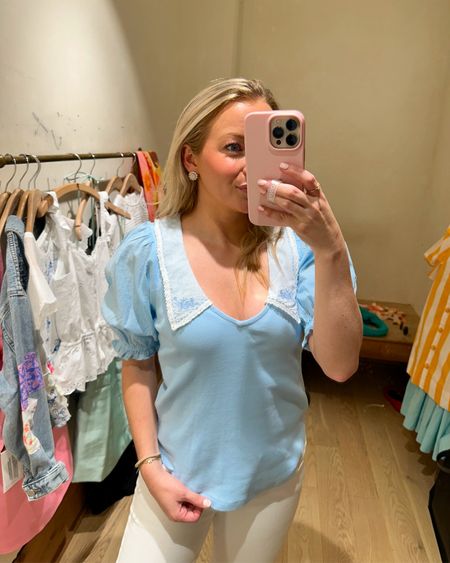 Blue embroidered Peter Pan collar sweater. Would be so precious for a mama-to-be who’s going to have a boy! I’m in the size S, fit is true to size. 🩵 #bluetop #bluesweater #babyshower #Anthropologie #Anthro #springstyle #springstyleinspo #outfitinspo #summerstyle #summerinspo #springbreakoutfits 

#LTKstyletip #LTKbaby #LTKSeasonal