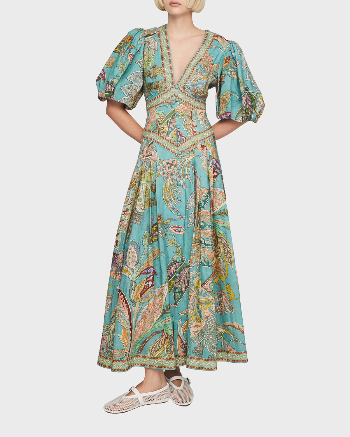 Franca Balloon-Sleeve Floral Midi Dress | Neiman Marcus