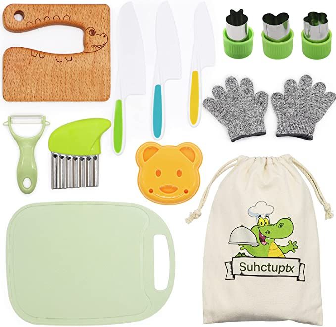 Suhctuptx 14 Pieces Wooden Kids Kitchen Knife Set with Gloves Cutting Board Fruit Vegetable Crink... | Amazon (US)