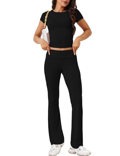 Soamat Women's 2 Piece Outfits Short Sleeve Tops Foldover Flared Pants Set Yoga Sweatsuit Pajamas Black | Amazon (US)