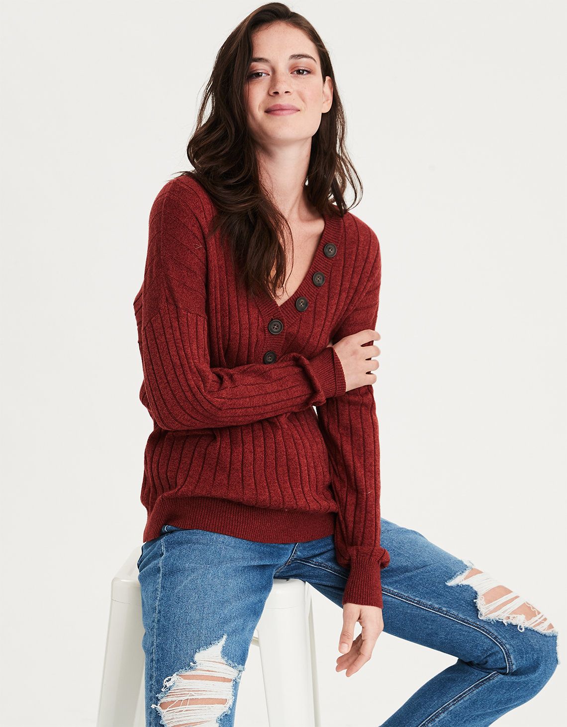 AE Ribbed Henley V-Neck Pullover Sweater, Rust | American Eagle Outfitters (US & CA)