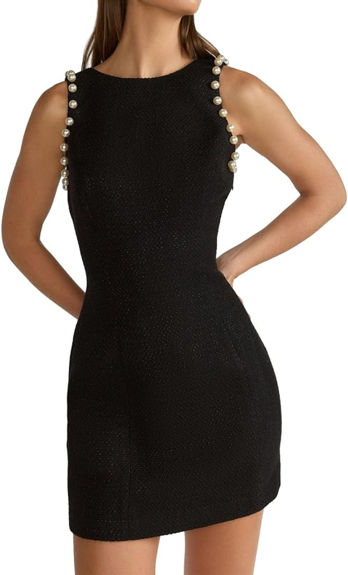 SCOFEEL Womens Tweed Dress Solid Crew Neck Pearl Beading Sleeveless Work Office Bodycon Mini Dres... | Amazon (US)