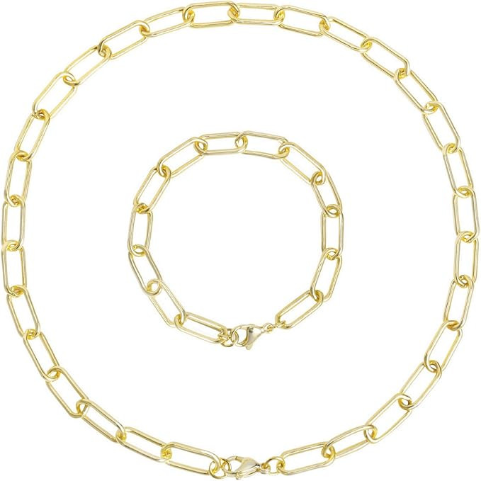 Women Paperclip Chain Necklace, 14K Gold Plated Chunky Link Chain Jewelry Set for Women Girls | Amazon (US)