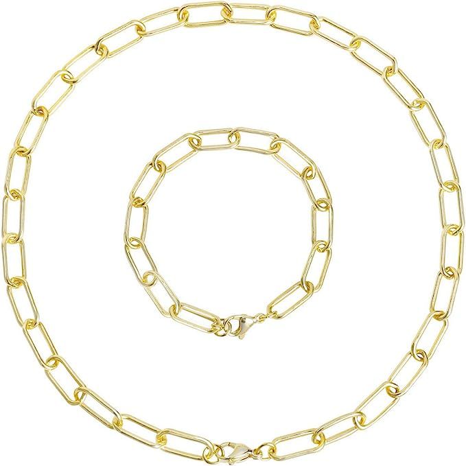 Women Paperclip Chain Necklace, 14K Gold Plated Chunky Link Chain Jewelry Set for Women Girls | Amazon (US)