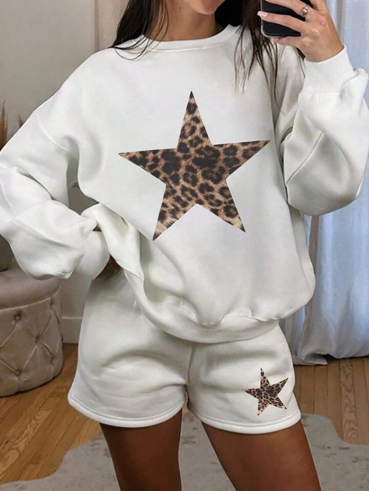 INAWLY 2pcs Women's Casual Leopard Star Print Dropped Shoulder Sweatshirt And Shorts Set, Loose F... | SHEIN
