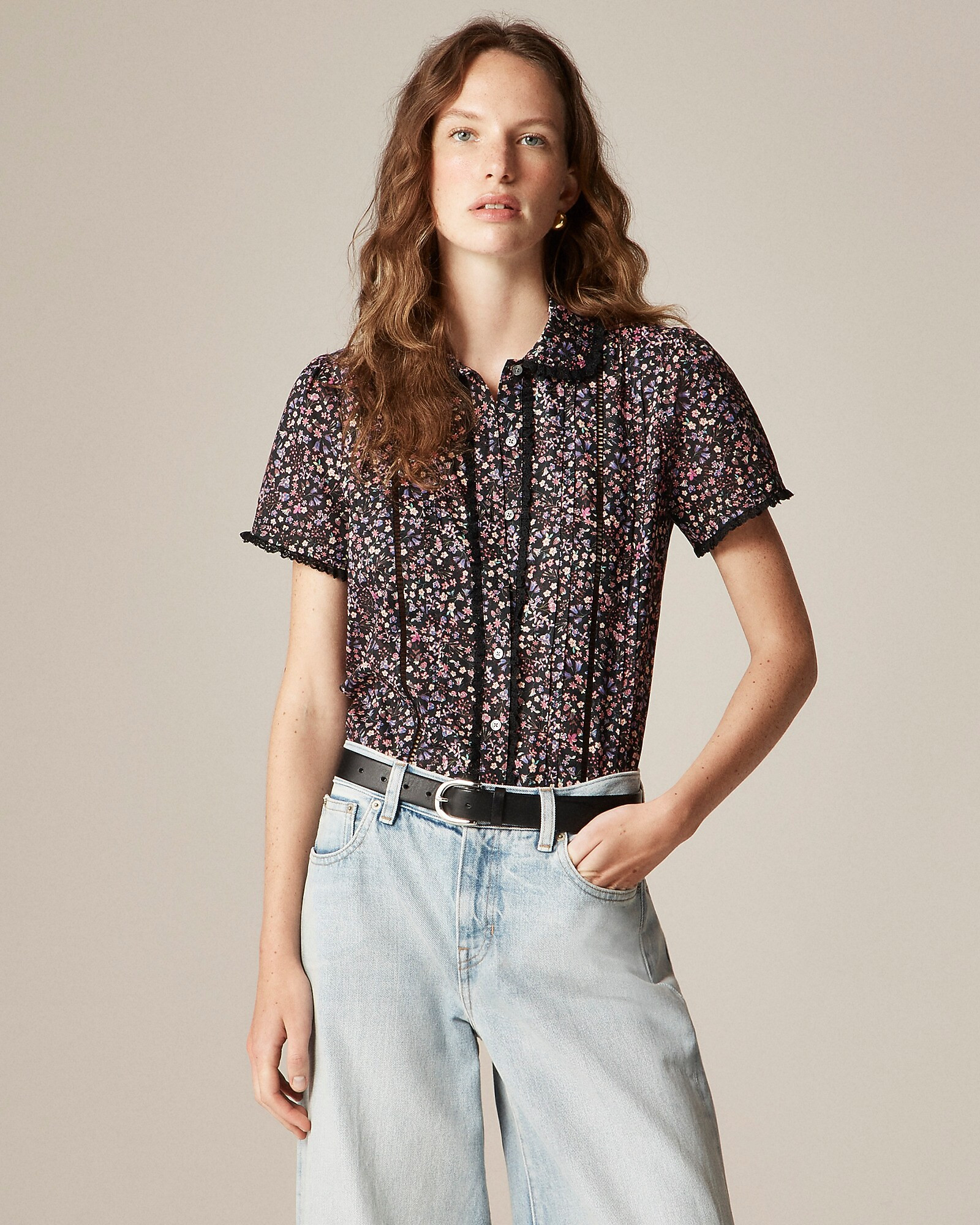 Lace-trim button-up shirt in Liberty® strawberry floral fabric | J. Crew US