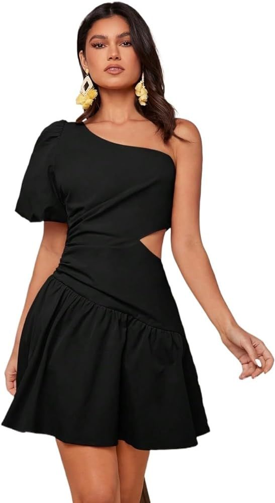 Womens 2024 Summer Short Dresses Women's One Shoulder Puff Sleeve Hollow Out Dress | Amazon (US)