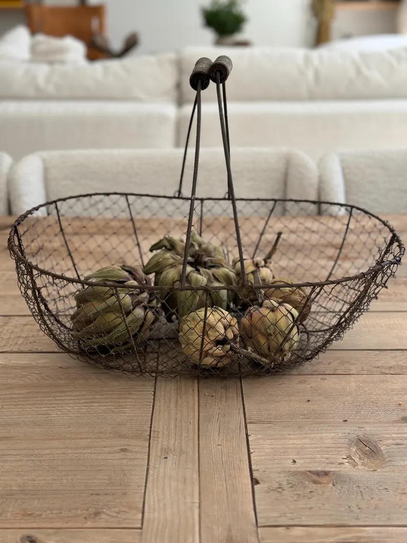 French Vintage Wire Harvest Basket French Metal Wire Basket French Vintage Large Basket Wood Hand... | Etsy (US)