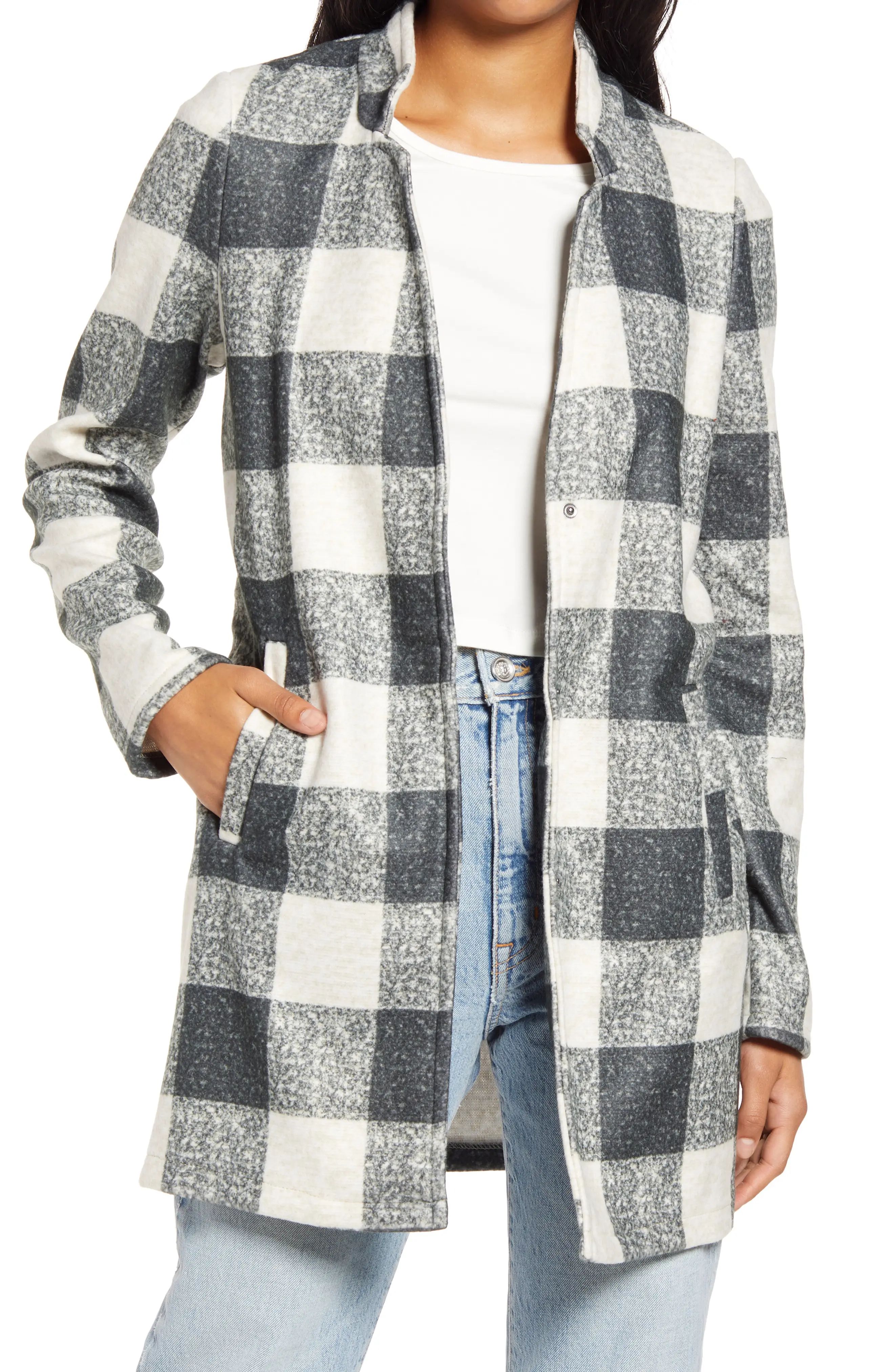 VERO MODA Katrine Buffalo Plaid Brushed Jacket, Size X-Large in Oatmeal Checks Black at Nordstrom | Nordstrom