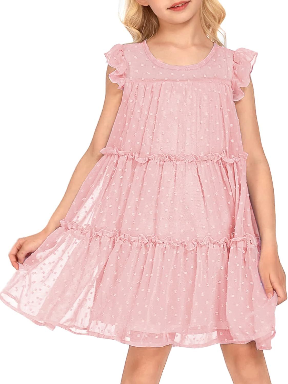 Arshiner Girl's Summer Dress Flared Sleeve Loose Fit Swiss Dots Flowy Pleated Dress | Amazon (US)
