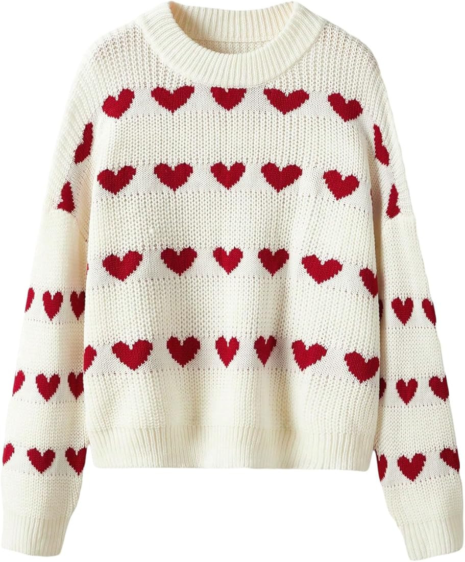 Verdusa Women's Heart Print Long Sleeve Round Neck Sweater Drop Shoulder Knit Pullovers | Amazon (US)