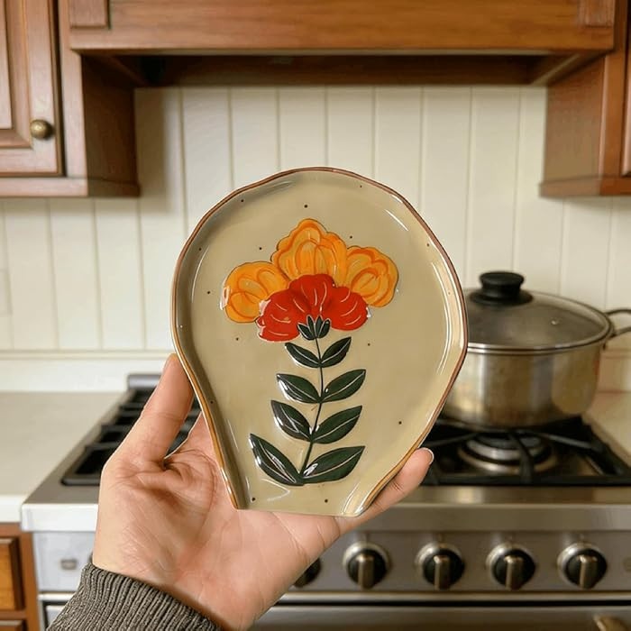 Embossed Floral Ceramic Spoon Rest for Kitchen Counter - Hand-Painted Flower Spoon Holder & Jewel... | Amazon (US)