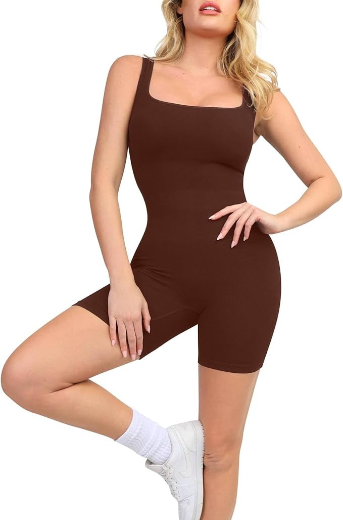 Popilush Shapewear Jumpsuits for Women Built-in Bra Square Neck Rompers Shorts Bodycon Bodysuits ... | Amazon (US)