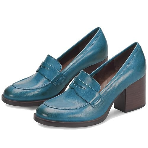 SHODENSE Women Teal Chunky Heel Platform Loafers Pumps Round Toe Burnished Matte Leather Slip On Oxford Loafer Shoes Stacked Block Heels Penny Loafers Office Formal Work Business Matte Teal 9.5 | Amazon (US)