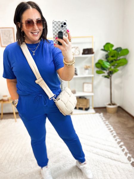 My favorite Amazon lounge set but in blue!  How pretty is this color?  Love wearing this set on travel days or running errands and lounging around!  It’s so comfy. Love the sleeve length too!  Large in mine. Fits tts. Sized up half a size in my Nikes. 

#LTKSeasonal #LTKfindsunder50 #LTKmidsize