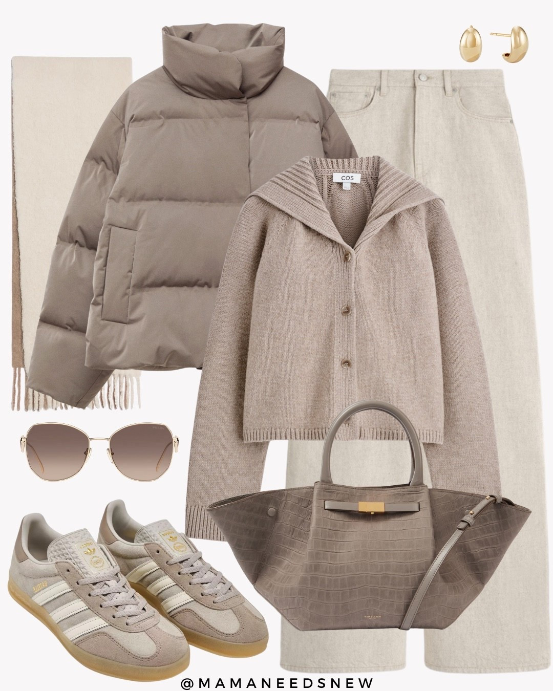 A neutral fall outfit with a puffer jacket, jeans, scarf, cardigan, sneakers & tote bag 

#LTKStyleTip #LTKItBag #LTKSaleAlert