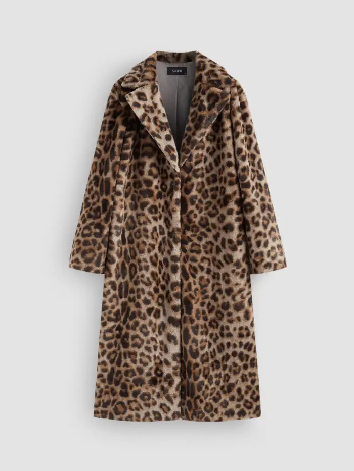 Faux Fur Collar Leopard Pocket Long Coat | Cider