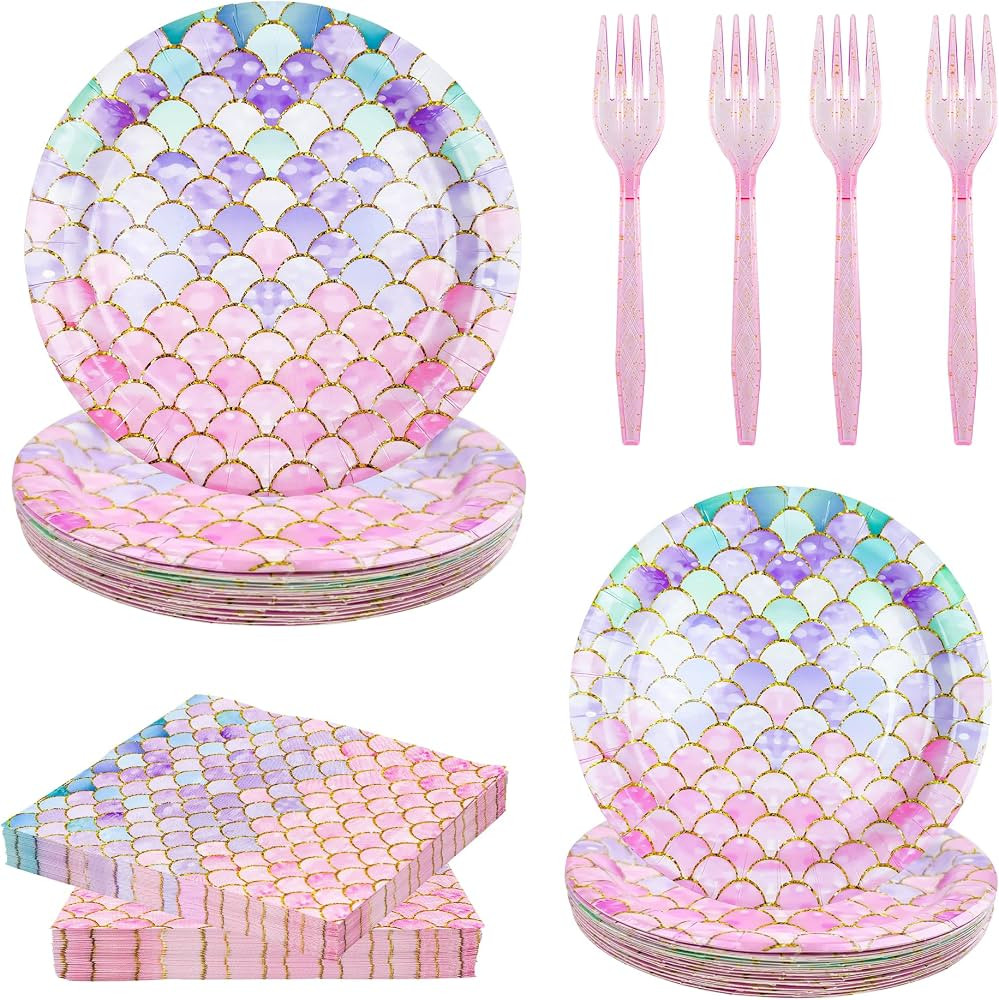 120 Pieces Mermaid Scale Birthday Party Tableware Set - Includes Plates, Napkins, Forks - Ocean T... | Amazon (US)
