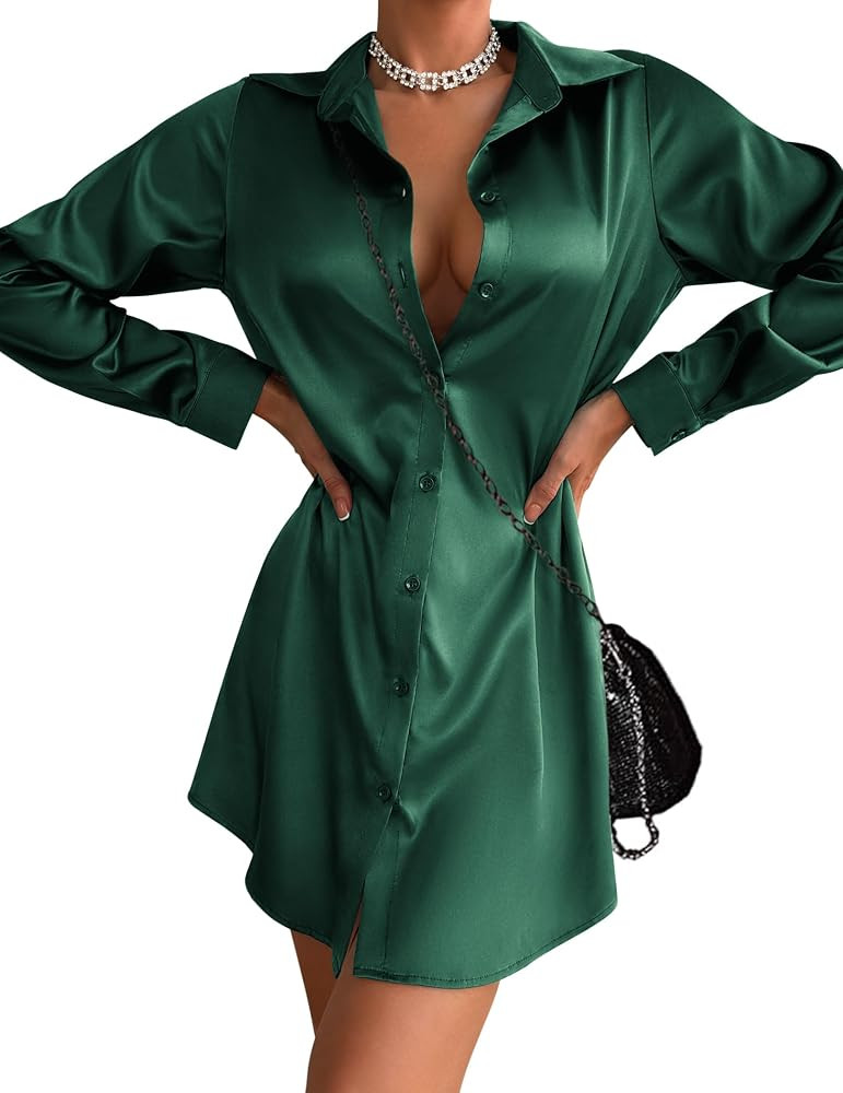 Zeagoo Women's Stain Long Sleeve Dress Button Down Shirts Tunic Dresses Casual V-Neck Mini Dress ... | Amazon (US)