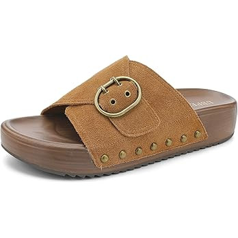 UBFEN Womens Slides Platform Sandals - Genuine Leather, Arch Support Comfortable Buckle Sandals f... | Amazon (US)