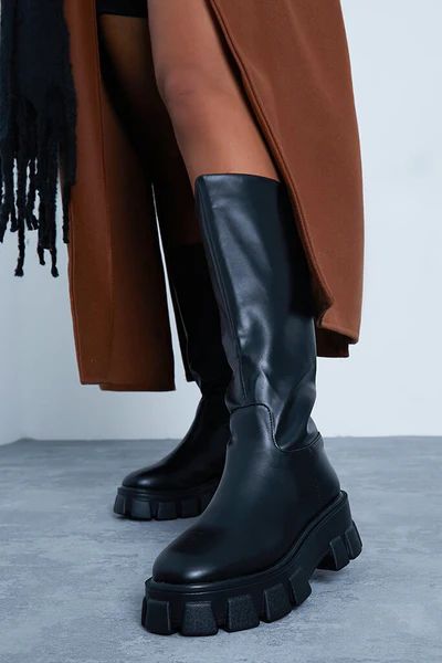Black Chunky Sole Knee High Tab Boots | ISAWITFIRST UK