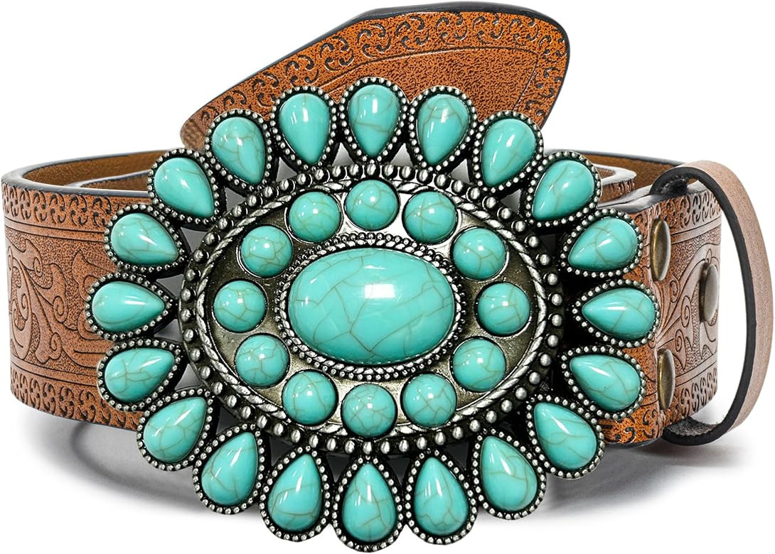 Western-Leather-Belt Womens Turquoise-Cowgirl-Belts for Jeans-Pants - Vintage Rodeo Country-Conce... | Amazon (US)