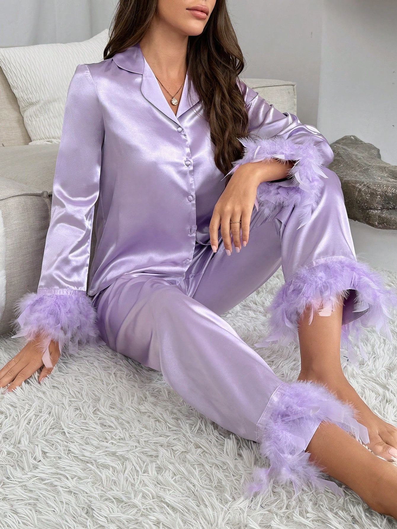 Fuzzy Trim Satin PJ Set | SHEIN