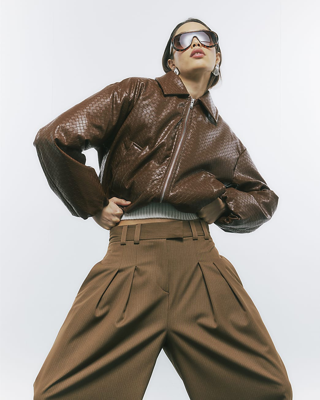 Brown Faux Leather Woven Bomber Jacket | River Island UK & IE