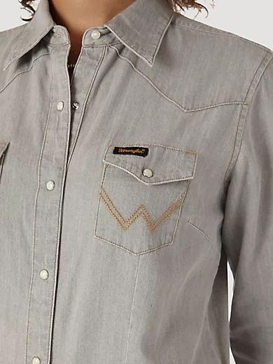 Women’s Long Sleeve Western Snap W Stitching on Pocket Denim Shirt in Grey Denim | Wrangler