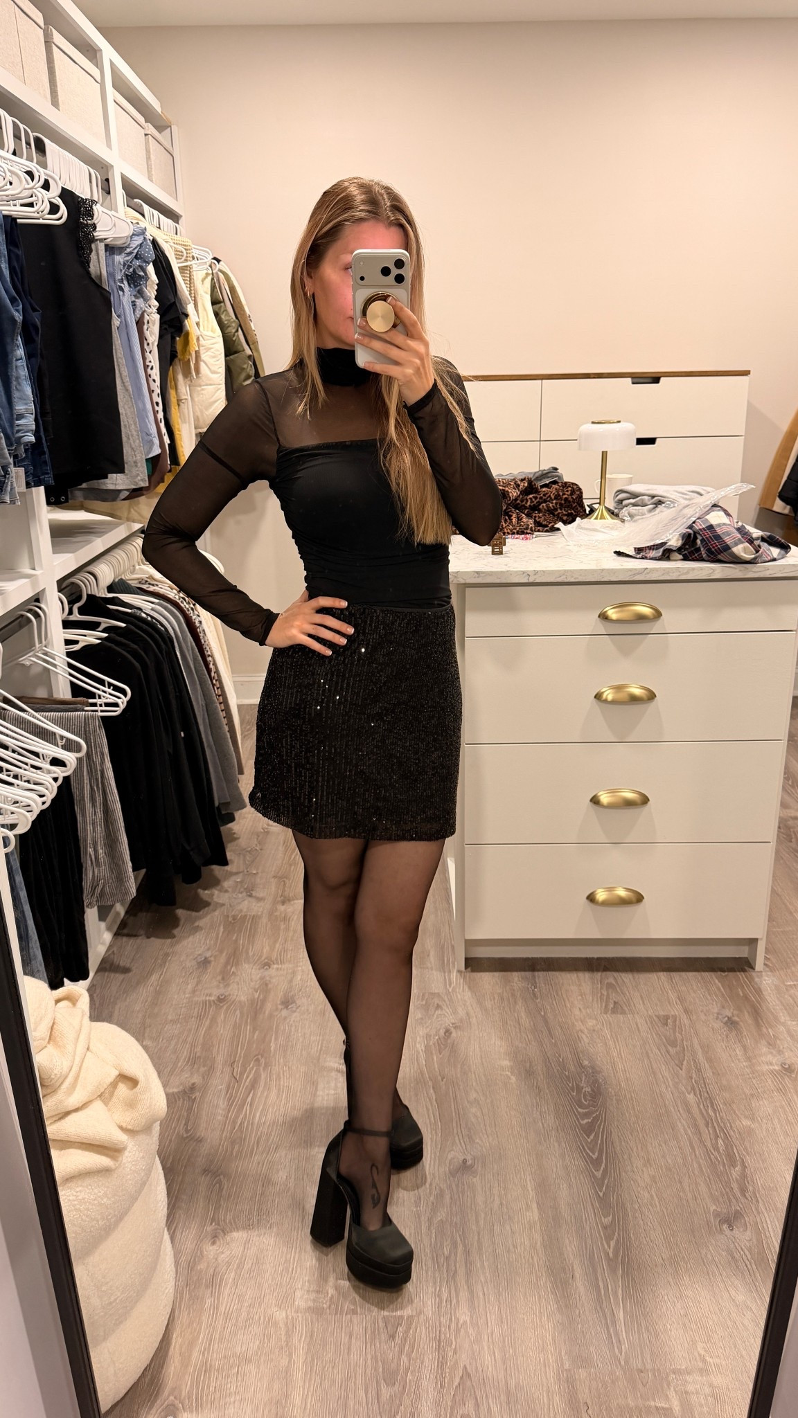Such an elegant and classy holiday party outfit. It’s sexy but not too sexy. I’m 5’7” around 135 lbs and wearing a small in the bodysuit, medium in the skirt and the platform satin heels fit true to size. 

Christmas party outfit winter outfit sequin skirt sequin holiday outfit see through black mesh bodysuit no rip tights rip proof nylons sequin outfits 

#LTKootd #LTKHoliday #LTKCyberWeek