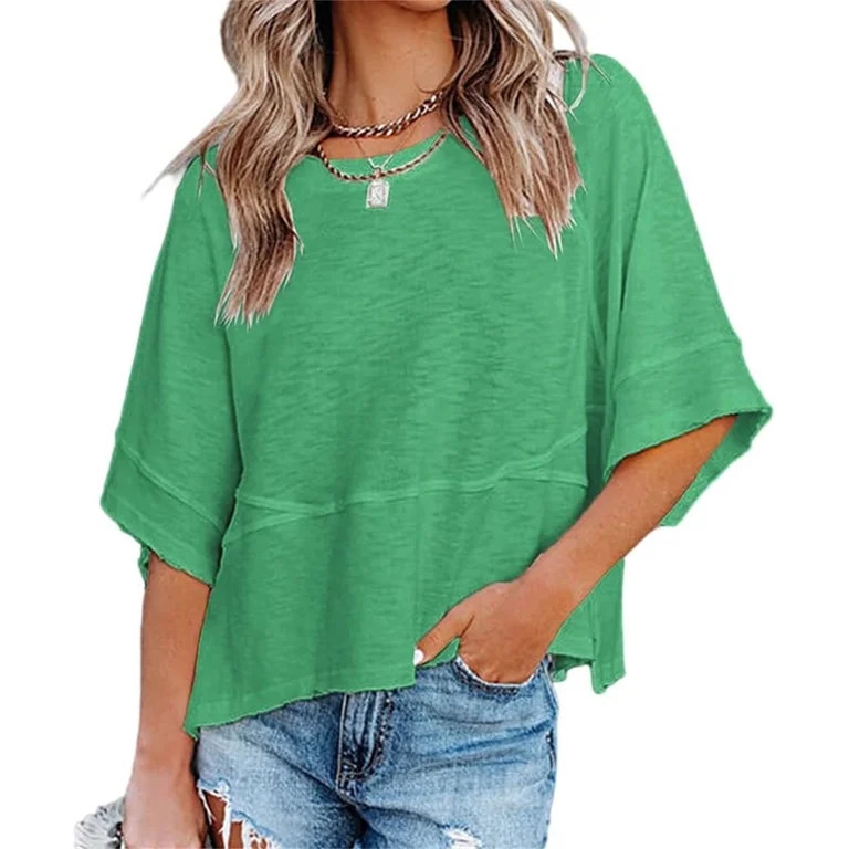 Summer Oversize Women Solid Color Half Sleeve Loose Shirt Tee Casual Tops | Walmart (US)