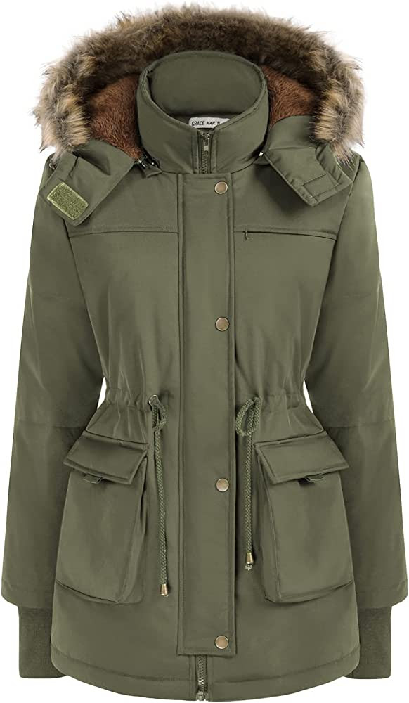 GRACE KARIN Women's Winter Coats Fleece Parkas Anoraks Hooded Military Jacket Coats M Black | Amazon (US)
